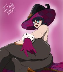 Rule 34 | 1girl, ass, ass focus, black hair, black pantyhose, glasses, hat, highres, looking at viewer, lying, mature female, on side, open mouth, pantyhose, potionomics, roxane (potionomics), self-upload, short hair, solo, thick thighs, thighs, witch, witch hat