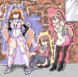 Rule 34 | 3girls, absurdres, black gloves, black pantyhose, black skirt, black thighhighs, breasts, brick wall, brown hair, cleavage, clothing cutout, commentary, commission, dress, elbow gloves, english commentary, gloves, grey footwear, hair between eyes, high heels, highres, hip vent, indie virtual youtuber, large breasts, leaning forward, leotard, long hair, looking at viewer, medium breasts, multiple girls, nina saotome, official alternate costume, pantyhose, poyo (hellmayuge), second-party source, shoulder cutout, sitting, skirt, smile, standing, thighhighs, twintails, very long hair, virtual youtuber, white dress, white leotard, white skirt, white thighhighs