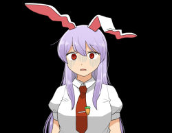 1girl animal_ears black_background koyama_shigeru long_hair looking_at_viewer necktie parted_lips purple_hair rabbit_ears red_eyes red_necktie reisen_udongein_inaba shaded_face shirt short_sleeves simple_background solo standing touhou upper_body very_long_hair white_shirt