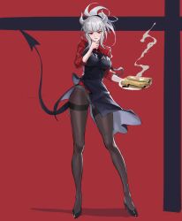 Rule 34 | 1girl, absurdres, apron, black apron, black footwear, black tail, blunt bangs, breasts, chocolate, commentary, crepe, demon girl, demon horns, demon tail, derivative work, english commentary, food, food on face, full body, helltaker, high heels, highres, horns, large breasts, legs, long legs, lucifer (helltaker), mole, mole under mouth, no pants, panties, panties under pantyhose, pantyhose, pantyshot, red background, red eyes, red shirt, shirt, side slit, sleeves pushed up, solo, sooner, tail, thighband pantyhose, underwear, white hair, white horns