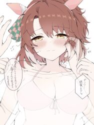 Rule 34 | 1girl, absurdres, animal ears, bikini, blush, breasts, brown eyes, brown hair, collarbone, commentary request, dantsu flame (umamusume), hair between eyes, hair ornament, hands on another&#039;s face, hayato hoshi604, highres, horse ears, horse girl, large breasts, looking at viewer, portrait, pov, pov hands, solo, sweat, swimsuit, translation request, umamusume, white background