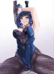 Rule 34 | 1girl, absurdres, animal ears, armpits, arms up, black gloves, black hair, blue hair, blue leotard, bob cut, breasts, brz, cameltoe, closed mouth, detached collar, diagonal bangs, dice earrings, elbow gloves, fake animal ears, fishnet legwear, fishnets, genshin impact, gloves, green eyes, highres, large breasts, leotard, looking at viewer, mole, mole on breast, multicolored hair, playboy bunny, purple lips, rabbit ears, simple background, single elbow glove, sitting, solo, spread legs, thighs, two-tone hair, white wrist cuffs, wrist cuffs, yelan (genshin impact)