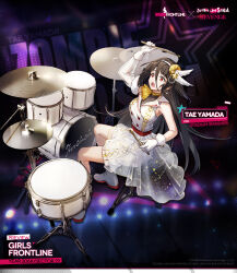 Rule 34 | 1girl, ascot, bandaged head, bandages, black hair, boots, breasts, buttons, character name, colored shoe soles, commentary, copyright name, cymbals, double-breasted, dress, drum, drum set, drumsticks, earrings, english commentary, english text, full body, fur-trimmed sleeves, fur trim, girls&#039; frontline, gloves, hair between eyes, hairband, highres, holding, holding drumsticks, imoko (imonatsuki), instrument, jewelry, large breasts, long hair, music, no socks, official alternate costume, official art, open mouth, playing instrument, promotional art, red eyes, see-through, see-through sleeves, single sleeve, sitting, solo, star (symbol), white dress, white footwear, white gloves, white hairband, yamada tae, yellow ascot, zombie land saga