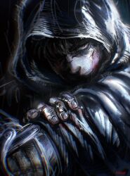 Rule 34 | absurdres, anniechromes, artist name, berserk, black cloak, black hair, blood, blood on face, cloak, commentary, fingernails, guts (berserk), hand on own shoulder, highres, hood, hood up, injury, looking at viewer, partially shaded face, prosthesis, prosthetic arm, rain, red eyes, shaded face, symbol-only commentary, water drop
