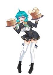 Rule 34 | 1girl, aqua hair, baozi, boots, carrying, character request, cle masahiro, food, full body, gradient hair, green hair, highres, long sleeves, multicolored hair, official art, open mouth, purple eyes, simple background, skirt, solo, thighhighs, tray, twintails, valkyrie drive, valkyrie drive -siren-, white background, white thighhighs