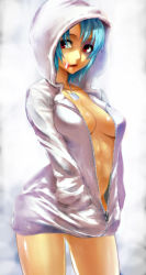 Rule 34 | 1girl, bandaid, blood, blue hair, breasts, cleavage, coat, guchico, hands in pockets, hood, hooded jacket, hoodie, injury, jacket, jewelry, molze, naked coat, naked hoodie, necklace, no bra, no panties, open clothes, original, red eyes, solo, unzipped