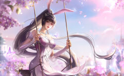 Rule 34 | 1girl, animal ears, bare shoulders, blurry, blurry background, braid, breasts, brown hair, building, cloud, douluo dalu, dress, glint, hair ornament, highres, jianghu chuan bai you jie, long hair, medium breasts, parted lips, pink dress, pink eyes, rabbit ears, second-party source, solo, swing set, teeth, upper body, upper teeth only, xiao wu (douluo dalu)