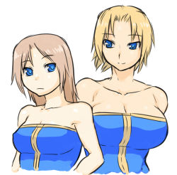 Rule 34 | 2girls, bare shoulders, blonde hair, blue eyes, bodysuit, breasts, brown hair, character request, female focus, final fantasy, final fantasy tactics, frown, large breasts, long hair, monk, monk (fft), multiple girls, short hair, simple background, smile, tsukudani (coke-buta), unitard, upper body, white background