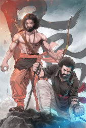Rule 34 | 2boys, abs, absurdres, alluri sitarama raju, bare shoulders, beard, black shirt, bow (weapon), chain, commentary, copyright name, english commentary, esozima gari, facial hair, highres, holding, holding bow (weapon), holding weapon, indian, jewelry, komaram bheem, multiple boys, necklace, rrr (movie), sandals, serious, shirt, short hair, standing, weapon