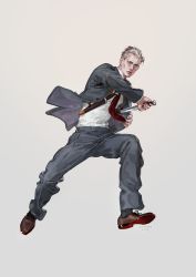 Rule 34 | 1boy, 2018, artist name, black jacket, black pants, brown footwear, closed mouth, concealed weapon, formal, full body, green eyes, grey background, grey hair, highres, holding, holding sword, holding weapon, jacket, jane mere, lips, long sleeves, looking at viewer, male focus, manly, necktie, original, pants, red necktie, revision, sheath, shirt, shoes, simple background, solo, suit, sword, unbuttoned, unsheathing, weapon, white shirt