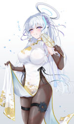 Rule 34 | 1girl, absurdres, alternate costume, black bodysuit, black gloves, blue archive, blush, bodysuit, breasts, china dress, chinese clothes, dress, elbow gloves, gloves, grey hair, halo, hand fan, highres, holding, holding fan, large breasts, long hair, looking at viewer, noa (blue archive), purple eyes, sidelocks, simple background, skirt hold, sleeveless, sleeveless dress, smile, solo, thigh strap, translation request, very long hair, white dress, yoru0409