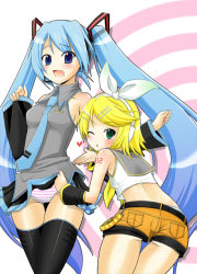 Rule 34 | blue eyes, blue hair, clothes lift, detached sleeves, hatsune miku, headphones, kagamine rin, long hair, necktie, one eye closed, panties, pochi (pochi-goya), skirt, skirt lift, striped clothes, striped panties, thighhighs, twintails, underwear, very long hair, vocaloid, wink