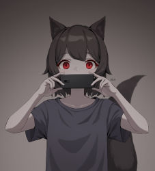 Rule 34 | 1girl, absurdres, animal ears, breasts, cellphone, covering own mouth, ellu, highres, holding, holding phone, looking at viewer, original, phone, red eyes, shirt, short hair, signature, simple background, small breasts, solo, standing, t-shirt, tail, upper body, wide-eyed