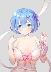 Rule 34 | 10s, 1girl, arms at sides, ayami (annahibi), blue eyes, blue hair, blunt bangs, blush, bow, bow bra, bow panties, bra, breasts, cleavage, closed mouth, collarbone, commentary, frilled bra, frills, grey background, hair between eyes, hair ornament, hair over one eye, hair ribbon, hands up, holding, holding clothes, holding panties, holding underwear, large breasts, light smile, lingerie, looking at viewer, navel, panties, pink bow, purple ribbon, re:zero kara hajimeru isekai seikatsu, rem (re:zero), ribbon, short hair, simple background, solo, underwear, upper body, wavy mouth, white panties, white ribbon, x hair ornament