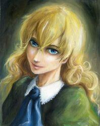 Rule 34 | 1girl, ascot, blonde hair, blue eyes, dress, green dress, highres, ib (kouri), lips, long hair, looking at viewer, mary (ib), oil painting (medium), painting (medium), realistic, smile, solo, traditional media, un.i (protorc), upper body