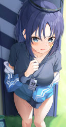 Rule 34 | 1girl, absurdres, black shirt, blue archive, blue eyes, blue hair, blue jacket, blurry, blurry background, blush, breasts, collarbone, day, dot nose, facial mark, halo, hanging breasts, highres, jacket, lanyard, large breasts, leaning forward, long sleeves, looking at viewer, official alternate costume, open mouth, shirt, short sleeves, sleeves past wrists, solo, standing, star (symbol), striped clothes, striped jacket, sweat, thighs, track jacket, v-shaped eyebrows, vertical stripes, yuuka (blue archive), yuuka (track) (blue archive), zeroillya
