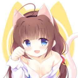 Rule 34 | 10s, 1girl, :d, ahoge, animal ears, areola slip, black hairband, blue eyes, blush, breasts, brown hair, cat ears, cat girl, cat tail, collarbone, commentary, commission, dress, hairband, hand up, head tilt, hinatsuru ai, long hair, long sleeves, low twintails, off shoulder, open mouth, paw pose, renew vivi, ryuuou no oshigoto!, small breasts, smile, solo, tail, tail raised, twintails, upper body, white dress