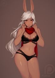 Rule 34 | 1girl, absurdres, animal ears, bad id, bad tumblr id, bare arms, bare shoulders, black bra, black panties, blush, bra, breasts, brown background, closed mouth, contrapposto, cowboy shot, dark-skinned female, dark skin, final fantasy, final fantasy xiv, frilled bra, frilled panties, frills, hands up, highres, large breasts, long hair, looking at viewer, matilda fiship, navel, orange eyes, panties, patreon logo, patreon username, pink lips, rabbit ears, red scarf, scarf, simple background, smile, solo, standing, underwear, underwear only, very long hair, viera, white hair