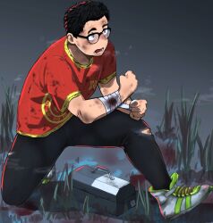 Rule 34 | 1boy, bandaged wrist, bandages, black-framed eyewear, black hair, black leggings, dead by daylight, dirty, dirty clothes, dwight fairfield, first aid kit, glasses, heavy breathing, highres, injury, kanaty 12, leggings, male focus, on one knee, open mouth, shirt, shoes, short hair, sneakers, sweat, torn clothes, torn leggings, wetland