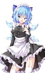 Rule 34 | 1girl, :d, alternate costume, apron, blue bow, blue eyes, blue hair, bow, circled 9, cirno, cowboy shot, fang, garter straps, hair bow, hands on own chest, highres, ice, ice wings, juliet sleeves, long sleeves, looking at viewer, maid, maid headdress, open mouth, puffy sleeves, sabana, short hair, simple background, skin fang, smile, solo, standing, thighhighs, touhou, white apron, white background, white thighhighs, wings