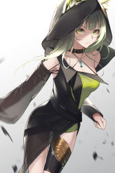 Rule 34 | 1girl, animal ears, arknights, asymmetrical clothes, bare shoulders, belt, breasts, cat ears, cleavage, closed mouth, collar, collarbone, cowboy shot, detached sleeves, dress, ears through headwear, gradient background, green dress, green eyes, green hair, grey background, highres, kal&#039;tsit (arknights), long hair, long sleeves, looking at viewer, material growth, medium breasts, official alternate costume, oripathy lesion (arknights), see-through, short dress, solo, thigh gap, zhuang yao