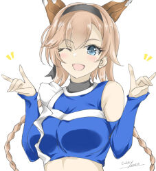 Rule 34 | 1girl, alternate costume, animal ears, black hair, blue shirt, braid, breasts, cheerleader, crop top, fox ears, fox shadow puppet, gakky, grey eyes, hokkaido nippon-ham fighters, kantai collection, light brown hair, long hair, looking at viewer, low twintails, medium breasts, nippon professional baseball, one-hour drawing challenge, one eye closed, shirt, simple background, sleeveless, sleeveless shirt, smile, solo, teruzuki (kancolle), twin braids, twintails, white background