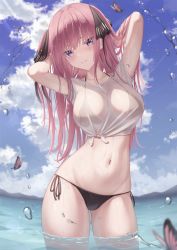 Rule 34 | 1girl, arms behind head, arms up, bikini, black bikini, breasts, bug, butterfly, cloud, collarbone, commentary, cowboy shot, crop top, day, front-tie top, gluteal fold, go-toubun no hanayome, hair ribbon, halterneck, halterneck, highres, insect, large breasts, long hair, looking at viewer, marinesnow, nakano nino, navel, outdoors, parted lips, pink hair, purple eyes, ribbon, see-through, shirt, short sleeves, side-tie bikini bottom, smile, solo, standing, stomach, string bikini, sunlight, swimsuit, two side up, wading, water, wet, wet clothes, wet shirt, white shirt