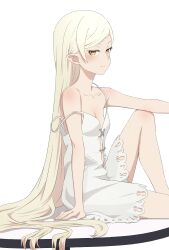Rule 34 | 1girl, absurdres, bare shoulders, blonde hair, breasts, camui1104, closed mouth, commentary, dress, highres, kiss-shot acerola-orion heart-under-blade, kizumonogatari, knee up, long hair, looking at viewer, monogatari (series), oshino shinobu, parted bangs, pointy ears, simple background, sitting, sleeveless, sleeveless dress, small breasts, smile, solo, strap slip, very long hair, white background, white dress, yellow eyes