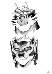 Rule 34 | 2boys, animal ears, bear boy, bear ears, closed mouth, commentary request, dog boy, dog ears, enigma (housamo), eyewear on head, fang, furry, furry male, greyscale, highres, looking at viewer, male focus, mask, monochrome, multiple boys, muscular, muscular male, open mouth, portrait, sawch cls, short hair, simple background, smile, sunglasses, thick eyebrows, tindalos (housamo), tokyo houkago summoners, tusks, white background