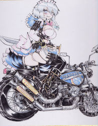 Rule 34 | 1girl, adapted costume, ass, bent over, blue eyes, blush, boots, braid, breast rest, breasts, bursting breasts, character name, colorized, covered erect nipples, female focus, garter straps, grin, izayoi sakuya, knee boots, knife, large breasts, maid headdress, motor vehicle, motorcycle, okiraku nikku, panties, revealing clothes, shikishi, silver hair, sitting, smile, solo, string panties, thighhighs, touhou, traditional media, twin braids, underwear, vehicle