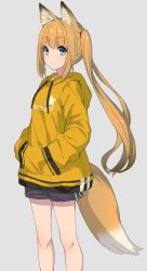 Rule 34 | 1girl, animal ears, blonde hair, commentary, english commentary, feet out of frame, fox ears, fox tail, green eyes, grey background, hands in pockets, highres, hood, hooded jacket, jacket, long hair, nemeneko 6, original, shorts, simple background, smile, solo, standing, tail, twintails, yellow jacket
