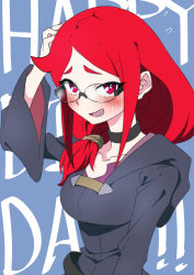 Rule 34 | 1girl, bespectacled, black choker, blue background, blush, breasts, chariot du nord, choker, collarbone, commentary request, enoki-kou, glasses, hair tubes, happy birthday, little witch academia, long hair, looking at viewer, medium breasts, open mouth, red eyes, red hair, robe, simple background, smile, solo, spoilers, sweatdrop, text background, upper body, ursula callistis, wide sleeves