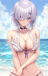 Rule 34 | 1girl, bare arms, bare shoulders, bikini, black choker, blue eyes, blush, breasts, choker, cleavage, closed mouth, collarbone, grey hair, hair ornament, hairclip, highres, ks (xephyrks), large breasts, looking at viewer, navel, ocean, original, outdoors, short hair, solo, swimsuit, water, white bikini