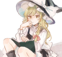 Rule 34 | 1girl, black footwear, black hat, black vest, blonde hair, book, boots, bow, braid, closed mouth, commentary, eyebrows hidden by hair, fingernails, hair bow, hand on own cheek, hand on own face, hat, hat bow, kirisame marisa, light blush, long hair, long sleeves, looking at viewer, mozukuzu (manukedori), open book, pout, red bow, shirt, simple background, sitting, sleeve cuffs, solo, touhou, vest, white background, white bow, white shirt, witch hat, yellow eyes