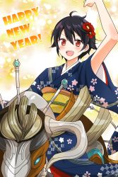 Rule 34 | 1girl, :d, alternate costume, arm up, artist name, black hair, blue kimono, blush, bull, commentary, cow, cowboy shot, english text, enkichi totan, flower, hair between eyes, hair flower, hair ornament, happy new year, hibiscus, highres, japanese clothes, kimono, looking at viewer, megido72, messy hair, new year, obi, open mouth, red eyes, red flower, riding, sash, short hair, signature, smile, solo, teeth, tomboy, upper teeth only, v-shaped eyebrows, yellow background, yellow sash, zagan (megido72)