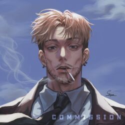 Rule 34 | 1boy, artist name, black coat, black necktie, blonde hair, blue sky, chainsaw man, cigarette, coat, collared shirt, commission, ear piercing, facial hair, floating neckwear, formal, highres, kishibe (chainsaw man), looking at viewer, male focus, necktie, piercing, shirt, short hair, signature, sky, smoke, smoking, solo, staryoruu, stitched face, stitched mouth, stitches, stubble, suit, undercut, white shirt