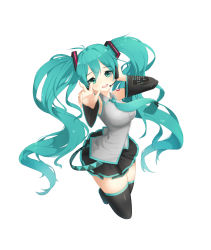 Rule 34 | 1girl, absurdres, aqua eyes, aqua hair, bad id, bad pixiv id, black thighhighs, boots, detached sleeves, hatsune miku, headset, highres, long hair, looking at viewer, necktie, open mouth, reco ai, simple background, skirt, sleeveless, smile, solo, thigh boots, thighhighs, tp (kido 94), twintails, very long hair, vocaloid, white background, zettai ryouiki