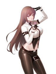 1girl :o arm_belt arm_up belt black_gloves breasts bright_pupils brown_hair brown_pants candy center_frills chest_harness closers collared_shirt contrapposto cowboy_shot crop_top food frills gloves hand_up harness highres holding holding_candy holding_food holding_lollipop large_breasts lollipop long_hair long_sleeves looking_at_viewer midriff mirae_(closers) navel non-web_source official_art open_mouth pants red_eyes salute shiny_clothes shirt simple_background solo standing stomach thigh_strap underbust very_long_hair white_background white_shirt