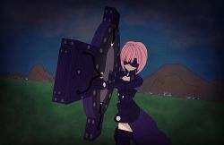 Rule 34 | armor, armored boots, boots, breastplate, cannon, fate/grand order, fate (series), fighting stance, holding, holding weapon, mash kyrielight, mask, mask on head, masked, pink hair, self-upload, shield, solo, thighhighs, weapon