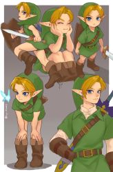 Rule 34 | 1boy, beige shirt, bent over, blue eyes, boots, border, brown footwear, closed eyes, deku shield, earrings, from above, green headwear, hands on own knees, hat, highres, holding, holding shield, holding sword, holding weapon, ivy (sena0119), jewelry, link, looking at viewer, male focus, master sword, multiple persona, navi, nintendo, parted bangs, pointy ears, shield, sitting, smile, standing, sword, the legend of zelda, the legend of zelda: ocarina of time, tunic, weapon, weapon on back, white border, wooden shield, young link