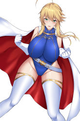 Rule 34 | 1girl, ;d, absurdres, artoria pendragon (fate), artoria pendragon (lancer) (fate), belt, blonde hair, blue leotard, breasts, cameltoe, cape, elbow gloves, fate/grand order, fate (series), gloves, green eyes, heattech leotard, highres, large breasts, leotard, looking at viewer, nekosama shugyouchuu, one eye closed, open mouth, simple background, smile, solo, thighhighs, turtleneck, white background, white cape, white gloves, white thighhighs