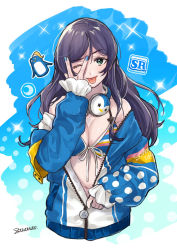 Rule 34 | 1girl, ;p, animal print, artist name, bad id, bad pixiv id, bikini, bikini top only, bikini under clothes, bird, black hair, blue bikini, blue jacket, breasts, cleavage, clothes writing, copyright name, crescent, cropped torso, frilled sleeves, frills, front-tie bikini top, front-tie top, green eyes, headphones, headphones around neck, jacket, large breasts, long hair, love live!, love live! school idol festival, love live! school idol project, navel, off shoulder, one eye closed, partially unzipped, penguin, polka dot, polka dot background, polka dot sleeves, solo, sparkle, swimsuit, tongue, tongue out, tojo nozomi, upper body, v-shaped eyebrows, v over eye, zawawa (satoukibi1108)