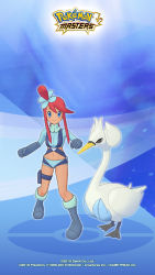 Rule 34 | black eyes, blue eyes, blue footwear, blue gloves, boots, creatures (company), feathers, game freak, gen 5 pokemon, gloves, hair ornament, highres, long twintails, navel, nintendo, official art, pokemon, pokemon (creature), pokemon bw, pokemon masters ex, red hair, skyla (pokemon), swanna, tagme, white feathers, wings