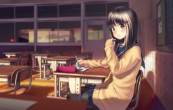Rule 34 | 1girl, black pantyhose, blazer, blue skirt, blush, brown eyes, brown hair, buttons, cardigan, chair, classroom, desk, dusk, eraser, expressionless, eyebrows, from side, hair ornament, hairclip, hand up, highres, holding, holding pen, indoors, jacket, lens flare, locker, long sleeves, looking at viewer, looking to the side, miniskirt, notebook, original, pantyhose, pen, pencil case, pleated skirt, reflection, sarekoube, school, school chair, school desk, school uniform, serafuku, sitting, skirt, sleeves past wrists, solo, sunlight, sunset