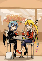 Rule 34 | 2girls, aircraft, alternate costume, bad id, bad pixiv id, bag, bat wings, blonde hair, blue hair, blush stickers, contemporary, dirigible, drinking, drinking straw, fashion, female focus, flandre scarlet, jacket, multiple girls, red eyes, remilia scarlet, restaurant, setz, siblings, sisters, soda, touhou, wings
