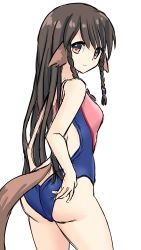 Rule 34 | 1girl, absurdres, animal ears, aquaplus, ass, back, backless outfit, bare arms, bare legs, bare shoulders, braid, brown hair, closed mouth, clothes lift, clothes pull, competition swimsuit, from behind, gradient eyes, hair between eyes, highres, huge ass, long hair, looking at viewer, multicolored eyes, niwaiwai, one-piece swimsuit, orange eyes, rulutieh, sidelocks, sleeveless, smile, solo, standing, swimsuit, tail, thighs, toned, toned female, utawarerumono, utawarerumono: itsuwari no kamen, very long hair