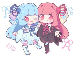 Rule 34 | 2girls, black dress, black footwear, blue dress, blue footwear, blue hair, blue ribbon, blue thighhighs, blunt bangs, blush, boots, cheek-to-cheek, chibi, closed mouth, commentary, detached sleeves, dress, english commentary, full body, hair ribbon, heads together, highres, holding hands, knee boots, kotonoha akane, kotonoha aoi, long hair, long sleeves, looking at viewer, low-tied sidelocks, multiple girls, nekomo (yumenkmc), one eye closed, open mouth, outstretched hand, pink hair, pink thighhighs, print ribbon, red ribbon, ribbon, short dress, siblings, simple background, sisters, smile, star (symbol), thighhighs, voiceroid, white background, wide sleeves, yagasuri, yellow ribbon