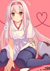 Rule 34 | 10s, 1girl, apron, blush, boots, bowl, brown eyes, chocolate, collarbone, hairband, heart, heart of string, japanese clothes, kantai collection, long hair, looking at viewer, panties, shoukaku (kancolle), side-tie panties, silver hair, sitting, solo, spatula, thigh boots, thighhighs, underwear, valentine, wariza, yashiro seika