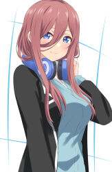 Rule 34 | 1girl, black jacket, blazer, blue eyes, blue vest, blush, breasts, brown hair, closed mouth, dars (recolors), go-toubun no hanayome, hand up, headphones, headphones around neck, highres, jacket, large breasts, long hair, looking at viewer, nakano miku, sidelocks, smile, solo, upper body, vest