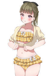 1girl bikini black_bow blush bow brown_hair center-flap_bangs collarbone commentary cowboy_shot cropped_jacket frilled_bikini frills gingham_bikini hair_bow half_up_braid highres jacket kachimachi_kosuzu kachimachi_kosuzu_(swimsuit) link!_like!_love_live! looking_at_viewer love_live! medium_hair navel pink_eyes ponytail puffy_short_sleeves puffy_sleeves short_sleeves simple_background solo stomach swimsuit tied_jacket virtual_youtuber white_background yellow_bikini yokoku_yoti